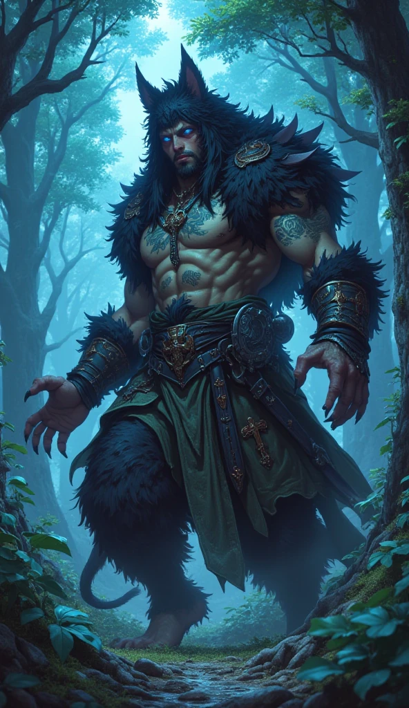 A man who is an angry savage beast, ape-like, wearing torn clothes, snarling and clawing, background is thorny vines, dark cloudy sky, mood is harsh, malicious, night time light, character design.
