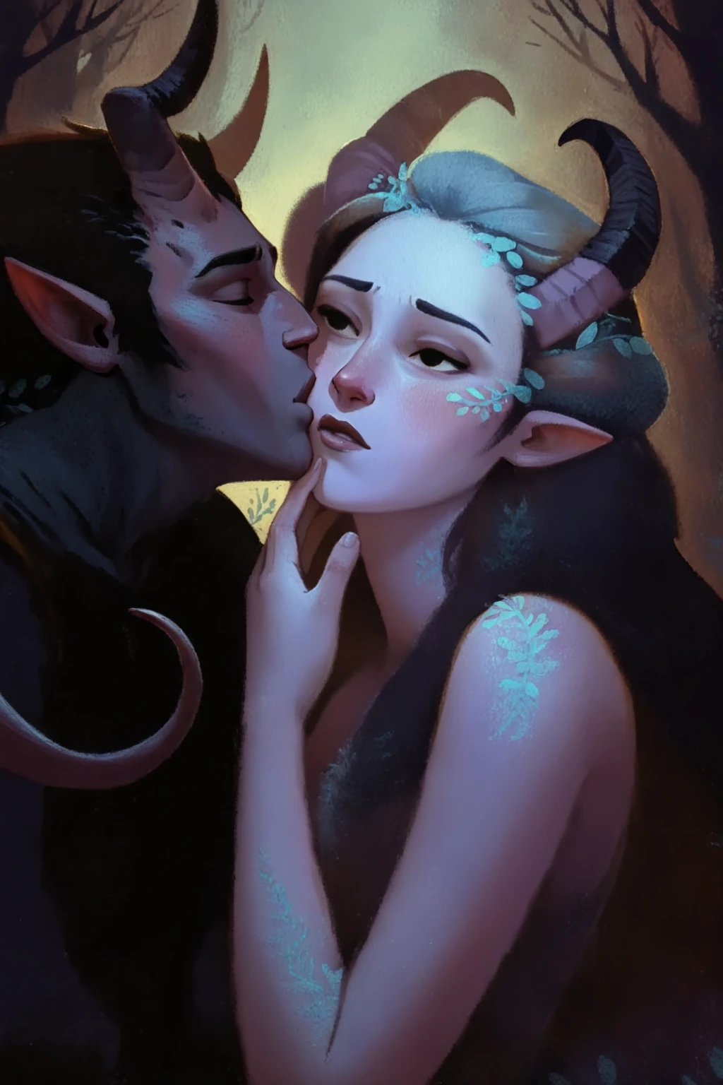 male above female, elf female, very big muscular tauren male, kiss in mouth, romantic, horns, art, detailed, artist, difference scales, (eyes closed)