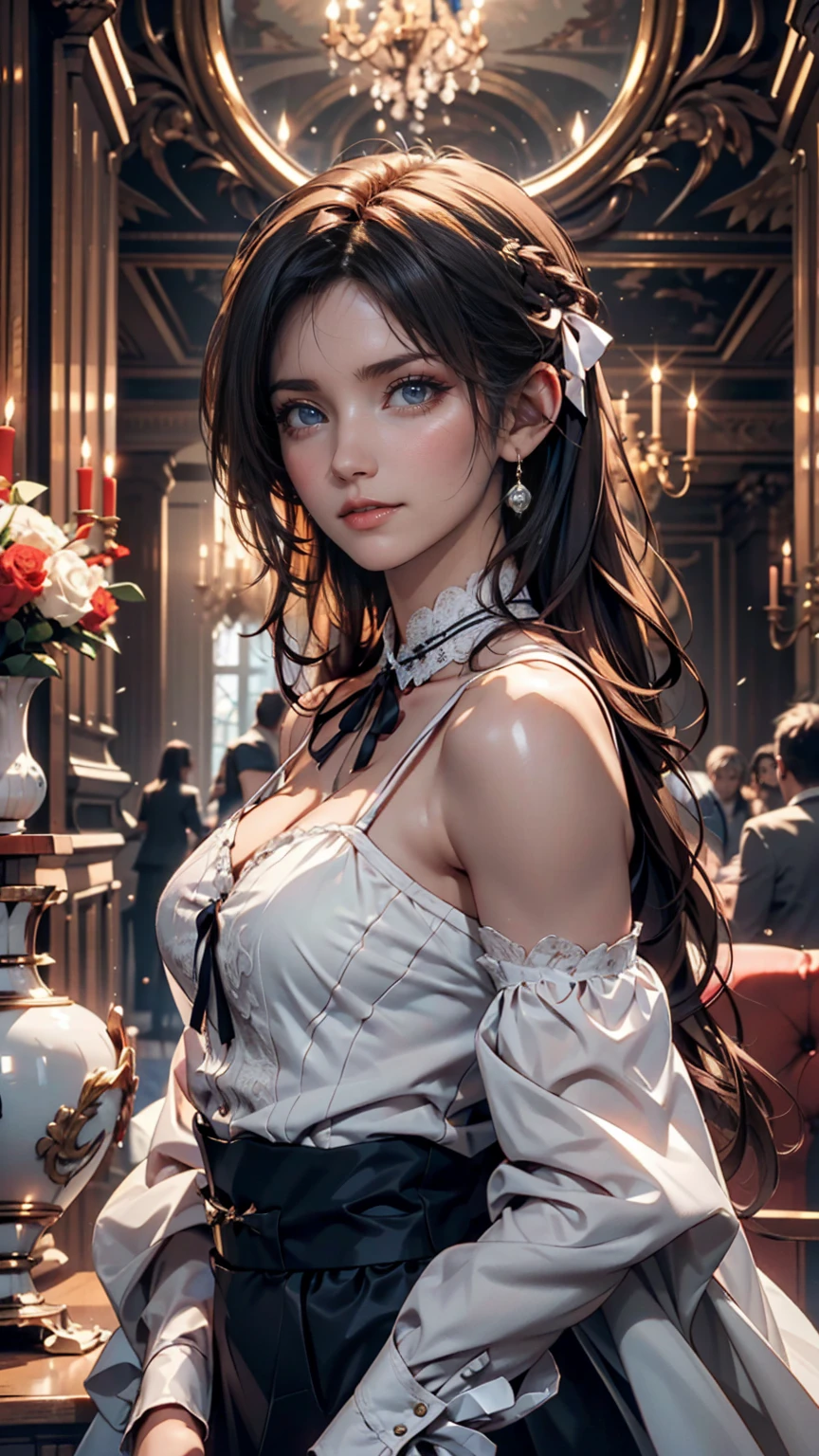 Dramatic composition, Court-style dress, Royal, nice, カスケードFrills, Frills, bow, Crystal Chandelier, Roman Curly Hairstyles, to place, Drill-like double ponytail, Looking at the camera, bangs, Maximalism, Palace-like background, Delicate depiction of hair and eyes, Princess Dress, nice skirts, Flowers in hands, smile, Starry Eyes, Cinematic Light, Extremely detailed, High resolution, Happy girl, Very long hair, diamond, broken diamond, Crystal Fragment, Particles of light