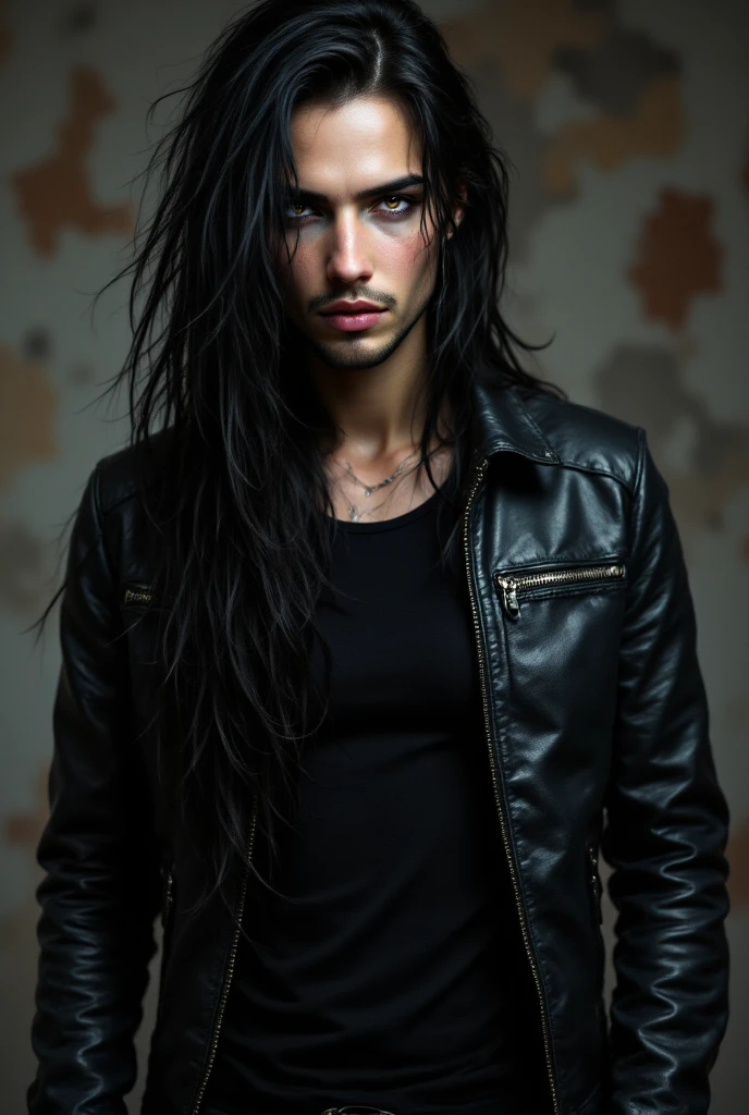 photography of a year old man sitting on a big white bed, perfect face, tall muscular but lean physique, broad masculine shoulders, masterpiece, gothic leather jacket, long black flowing hair, side bangs, , black jeans, tall, sexy gaze, sexy smirk, beautiful dark eyes, black eyeliner on eyes