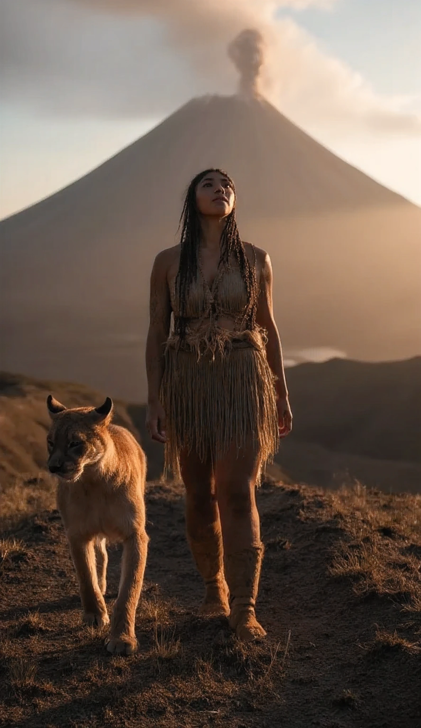 HYPERREALISTIC PHOTOGRAPHY, SPONTANEOUS PORTRAIT, OF A PREHISTORIC, SOUTH AMERICAN, WILD, INDOMITABLE MATURE WARRIOR WOMAN, WITH A LARGE, ROBUST, MUSCULAR BODY, THICK LEGS, WIDE HIPS, BEAUTIFUL WAIST, WALKING THROUGH A SHARP MOUNTAIN, IN HER HAND HER WARRIOR'S LANCE, NEXT TO HER WALKS A MOUNTAIN PUMA, HER FACE A WARRIOR'S EXPRESSION, IN THE BACKGROUND A VOLCANO ERUPTING AT SUNSET, THE LIGHT CONTRAST OF THE SCENE IS NOTICEABLE, SHE IS DRESSED IN RUSTIC CLOTHING MADE WITH SKINS AND ROPES, ADJUSTED TO HER WARRIOR FIGURE, HIGHLIGHTING HER WELL-DEFINED CURVES AND MUSCLES, WITH AN ATMOSPHERE EPIC, PHOTOGRAPH TAKEN WITH NIKON Z9 CAMERA NIKOM 50MM F11 LENS, LIGHTING OF THE ENVIRONMENT, LIGHT CONTRAST, (A LOT OF CONTRAST BETWEEN WARM AND COLD LIGHT), THE COMPOSITION FOLLOWS THE RULE OF THIRDS, DECREASING SCALE PERSPECTIVE WITH GEOMETRIC PERSPECTIVE, REALISTIC AND NATURAL SKIN TEXTURE, HIGH RESOLUTION, HD, 8K, (MAXIMUM SHARPNESS), VERY SHARP AND DETAILED EYES, (PERFECT HANDS AND FINGERS, WELL DEFINED)--chaos50,--cw50,--s500