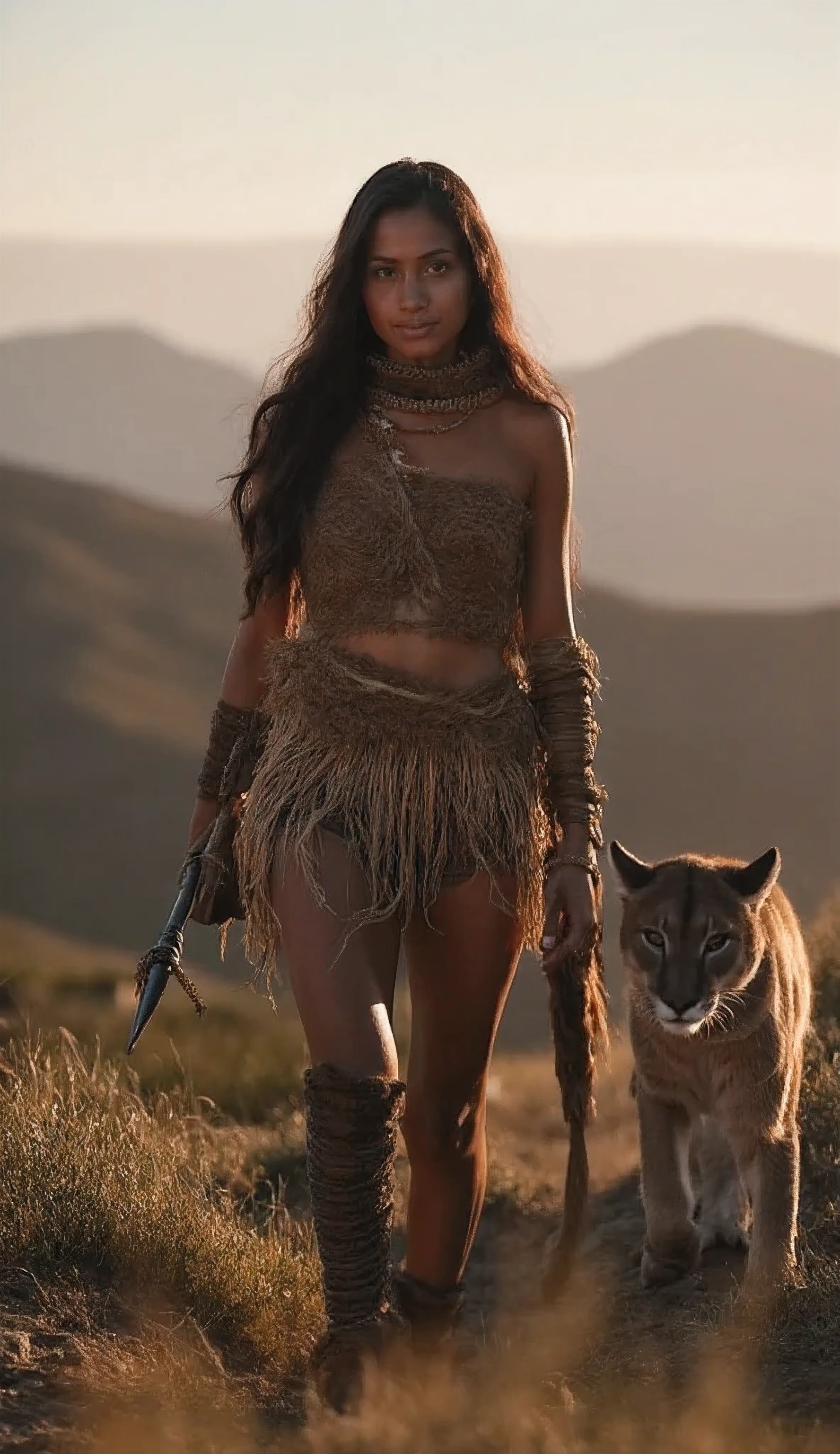HYPERREALISTIC PHOTOGRAPHY, SPONTANEOUS PORTRAIT OF A PREHISTORIC, NORDIC, WILD, INDOMITABLE MATURE WARRIOR WOMAN, WITH A LARGE, ROBUST, MUSCULAR BODY, THICK LEGS, WIDE HIPS, BEAUTIFUL WAIST, WALKING THROUGH A SHARP MOUNTAIN, IN HER HAND HER WARRIOR'S SPEAR, NEXT TO HER WALKS A MOUNTAIN PUMA, HER FACE A WARRIOR'S EXPRESSION, AT SUNSET THE LIGHT CONTRAST OF THE SCENE IS NOTICEABLE, SHE IS DRESSED IN RUSTIC CLOTHES MADE WITH SKINS AND ROPES ADJUSTED TO HER WARRIOR FIGURE, HIGHLIGHTING HER WELL-DEFINED CURVES AND MUSCLES, WITH AN EPIC ATMOSPHERE, PHOTOGRAPH TAKEN WITH A NIKON CAMERA Z9 NIKOM 50MM F11 LENS, ENVIRONMENTAL LIGHTING, LIGHT CONTRAST (A LOT OF CONTRAST BETWEEN WARM AND COLD LIGHT), COMPOSITION FOLLOWS THE RULE OF THIRDS, DECREASING SCALE PERSPECTIVE WITH GEOMETRIC PERSPECTIVE, REALISTIC AND NATURAL SKIN TEXTURE, HIGH RESOLUTION, HD, 8K (MAXIMUM SHARPNESS), VERY SHARP AND DETAILED EYES (PERFECT, WELL-DEFINED HANDS AND FINGERS) --chaos50, --cw50, --s500