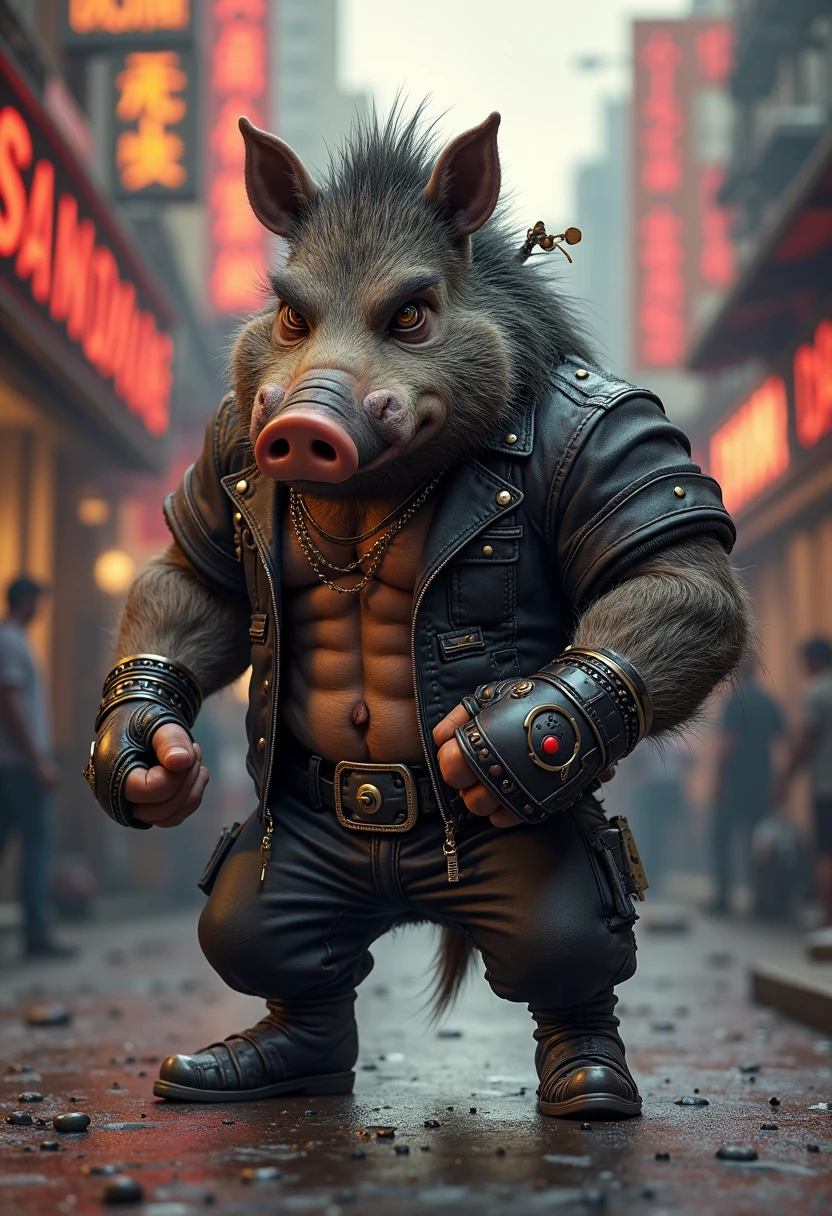 A zombie pig holding a sword in a dark, lava-filled 80s movie-style dimension