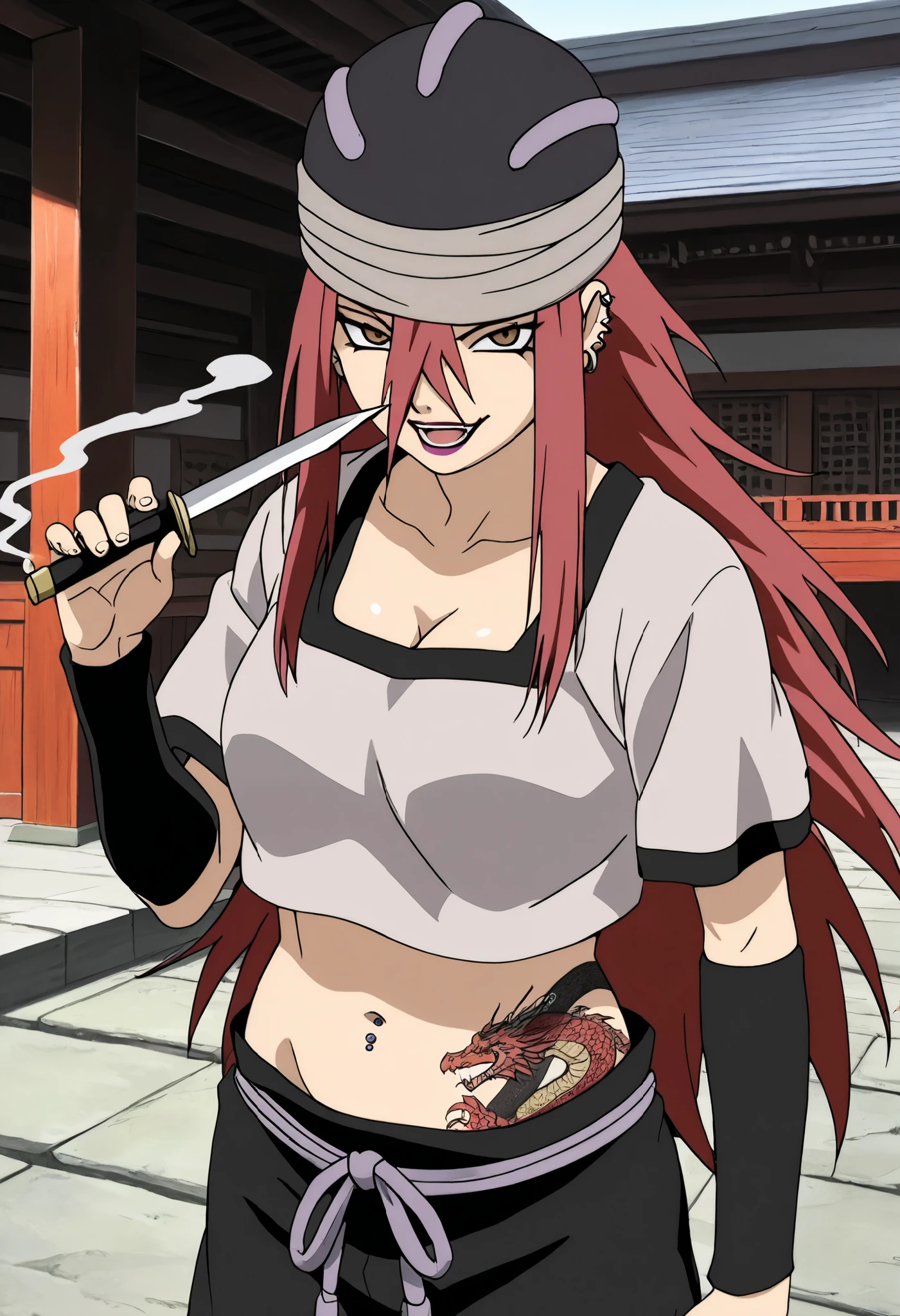 Tayuya,
High quality , best quality , masterpiece, High Resolution , detailed face( LoRA: Tayuya),anatomically correct, detailed hair Style( LoRA: Tayuya),anime Coloring
solo, 1 girl, red hair, long hair, brown eyes,
tunic, black arm warmers, black shorts, black hat, looking at viewer , large breast,
smile,open mouth, ear piercing, long hair, , lipstick,Hot girl, baddie, smoking, sensual, attractive, midriff, , evil expression, exposed belly, exposed navel, exposed midriff, exposed lower belly, bellybutton , cleavage,,evil smile, midriff, , evil expression, exposed belly, exposed navel, exposed midriff, exposed lower belly, bellybutton ,standing, holding dagger , cleavage, navel piercing, japanese architecture, temple, ,dragon tattoo, narrowed eyes, tattoo midriff,