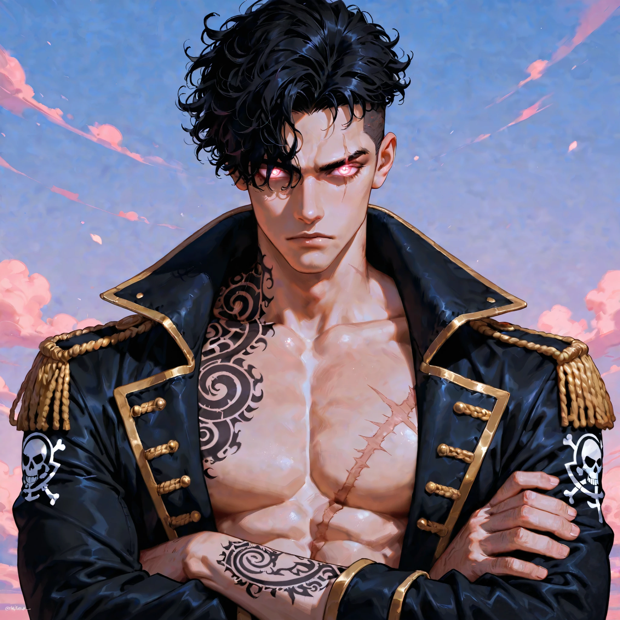 1male, solo, black hair, messy undercut curly hair, pink beautiful glowing eyes with white accents, open giant black pirate jacket with golden tassels with pink accents, no shirt, arms crossed, daytime blue sky background, scar below eyes, black tattoos across chest
