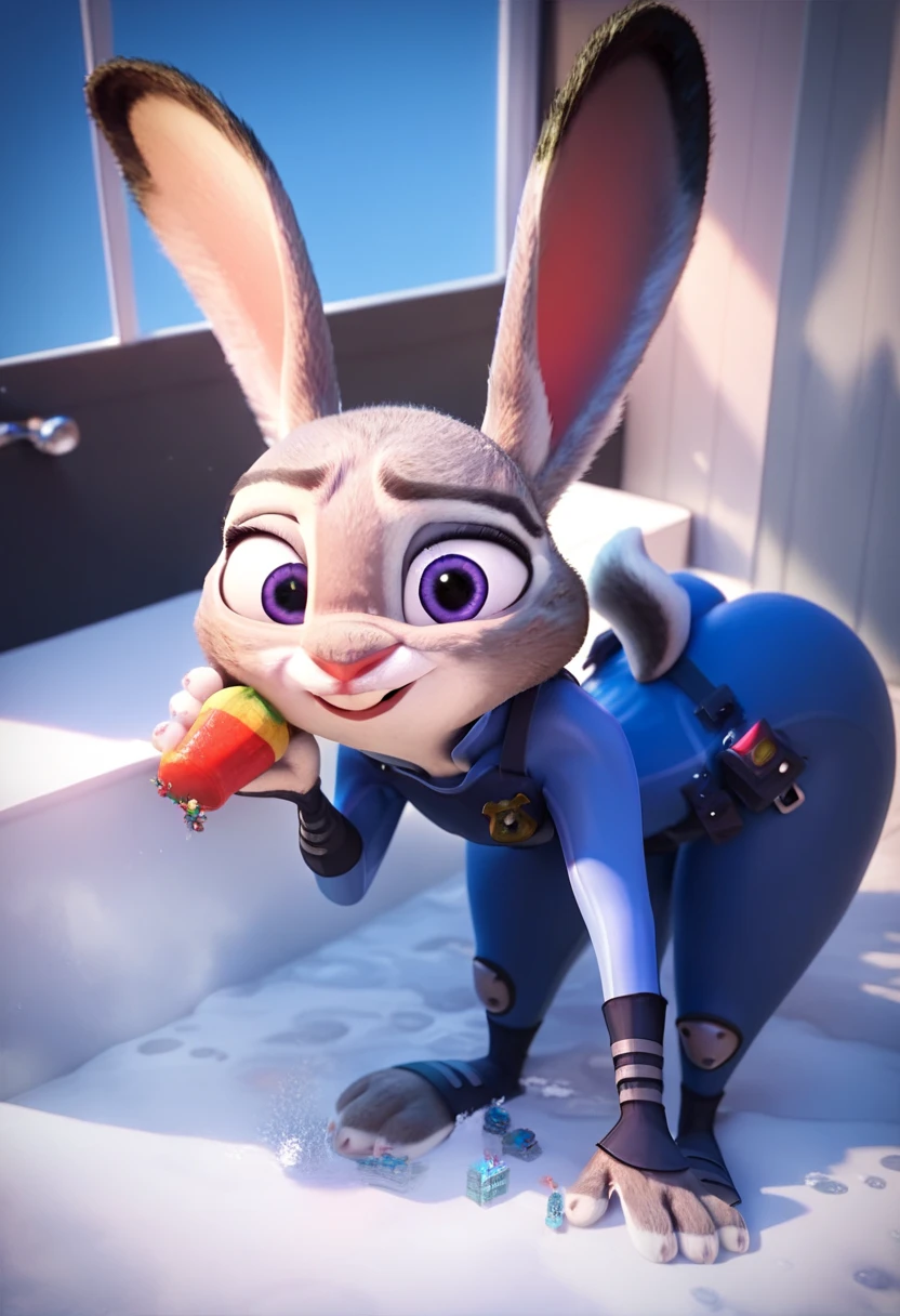 By disney pixar, 3d, duo, by qupostuv35, macro, ((judy hopps, lying down)), female, zootopia, Police uniform, thigh crushing, (break, (micro nick wilde between Judy's thighs)), butt