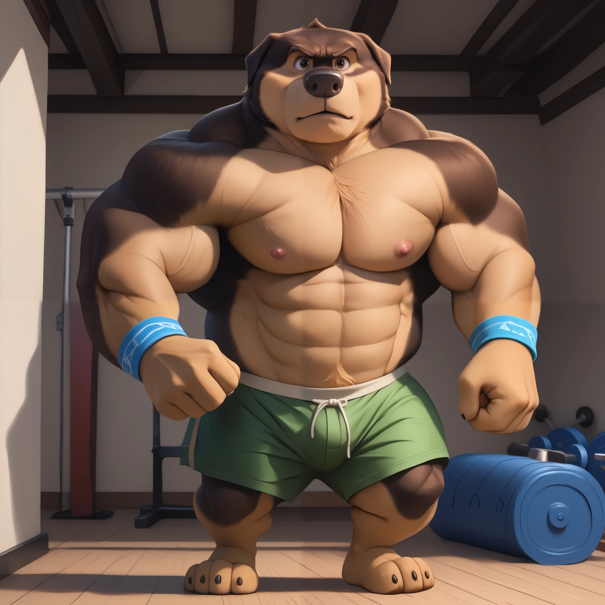 score_9, score_8_up, score_7_up, cartoon_style, ((by BodiPhant0m)), byBodiRDz, 4k, 8k, The best quality, very well drawn, detailed, high quality, detailed, 4k, high resolution, high quality, high resolution, Khampa, detailed, high quality, detailed, 4k, high resolution, high quality, high resolution, furry character, canine, 2d, solo, gym background, rockdog, khampa, style rock dog, movie style, style[rockdog], rockdog, male, Tibetan mastiff, mastiff, dog boy, dog, khampa, Tibetan Mastiff with brown-and-tan fur with tan fur on his muzzle, hands, feet, black nose, brown eyes, middle aged, thick muscular, full body, Height: 6'10", Weight: 358lbs, shirtless, wearing a green gym shorts, wristbands, working out