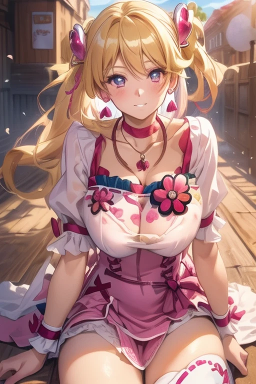 (masterpiece、Highest quality、Highest quality、Official Art、Beautiful and beautiful:1.2)、(One girl:1.3)Hatsune Miku、Twin tails,Beautiful , Tabletop, Highest quality, (((Solo Janet))), (((Platinum Blonde Hair))), Long braided ponytail, (((Wide Hips))), (((Light blue eyelids and lips, Captivating smile, Cleavagn a wooden throne, (((Bookshelf, Candles))) sunset, blush , ((An open kimono with intricate gold patterns)), Bare shoulders, ((Sexual innuendorfect beautiful eyes, Detailed eyes. Thick ripped boobs)), (Thick thighop down, Looking down, (((Glowing Skin))), (((Chubby))), (((Crystal Ball)), necklace, bracelet, Hoop Earrings, (((Faces of Europe))), ((Oiran)), Japanese clothing, Boob Plate, heart, Complexe shadow, Floral, hairpin, ((lipstick)), compensate, Red lips, sarashi, ((kiseru)), Hairpin, ((mascara)), (((Tarot cards on the floor)))