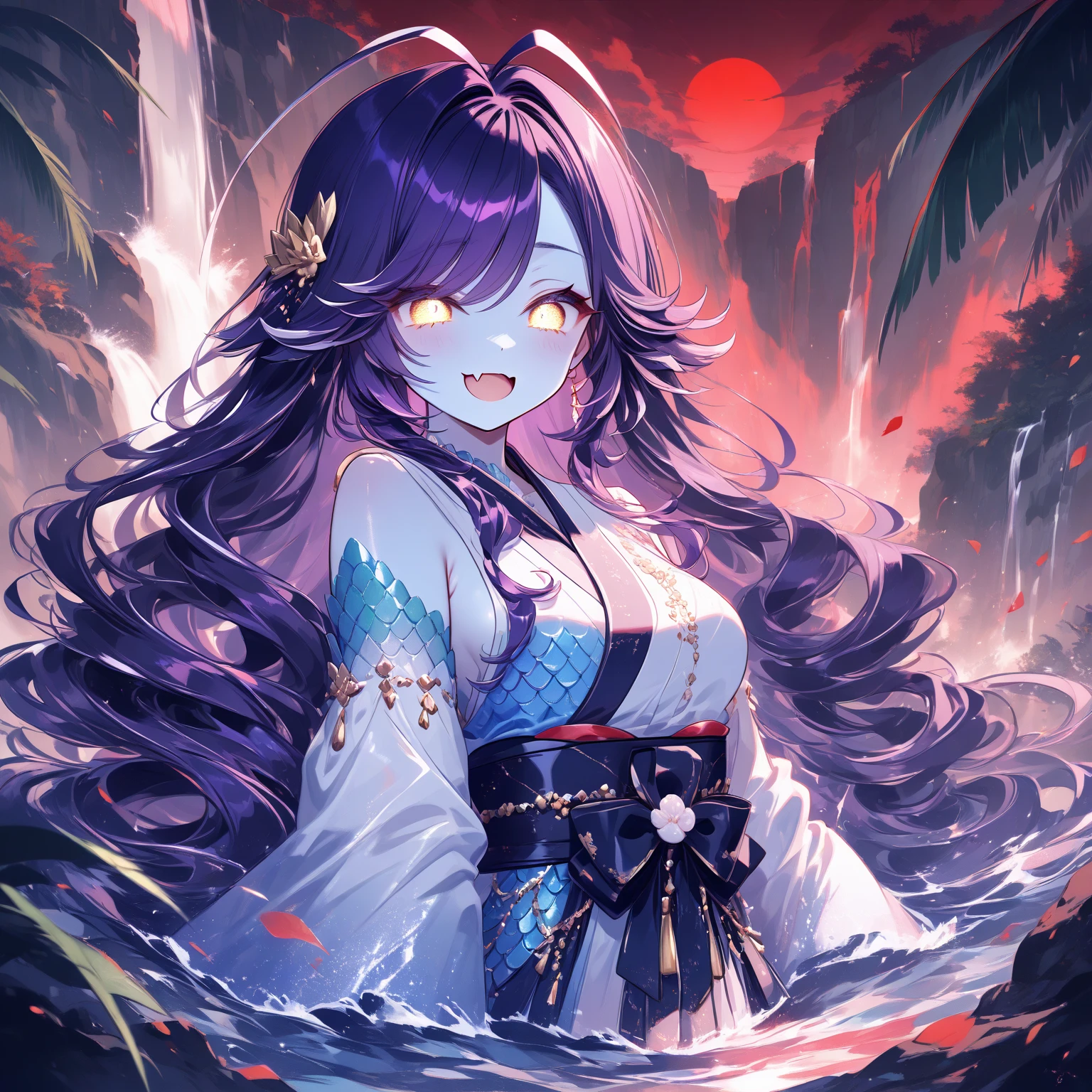 ((best quality)), ((highly detailed)), masterpiece, absurdres, extremely detailed face, beautiful face, (detailed eyes, deep eyes), (1girl), against a wall, <lora:aiomonstergirls_loraLocon:.2>, <lora:animeMermaid_v10:1>, (mermaid), fins, <lora:shellBikiniClothes:1>, shell bikini, (outside, in a Japanese temple, torii, stone lanterns, midnight, night sky, stars, full moon), <lora:DEEP-Ink Heavy:1.25>, Tritone, sharp hard shadows, outlines, smudged, inked art, DEEPINK