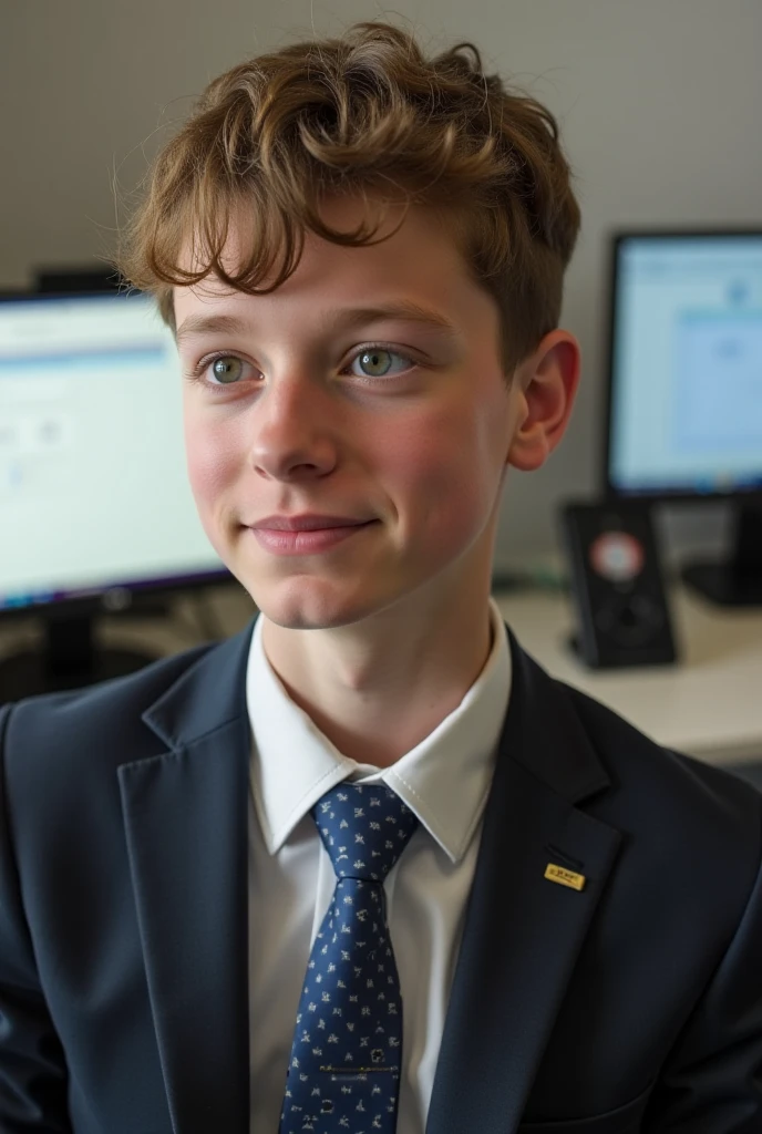 He’s super smart. And kinda computer nerd. But he’s rlly cute. Blonde hair and blue eyes he’s 15 years old