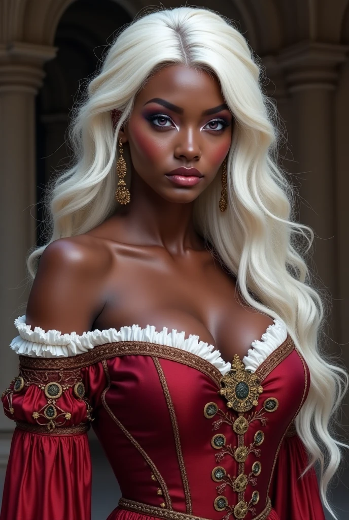 a sexy medieval black girl, long white hair, breasts small, white gown, neckleace, very sexy, Lewd, work of art, 8k, ultra detali, realisitic, photo-realisitic, bright coloured, studio lighting, beautiful detailed eyes, beautiful detailed lips, extreme detailed face, skin black