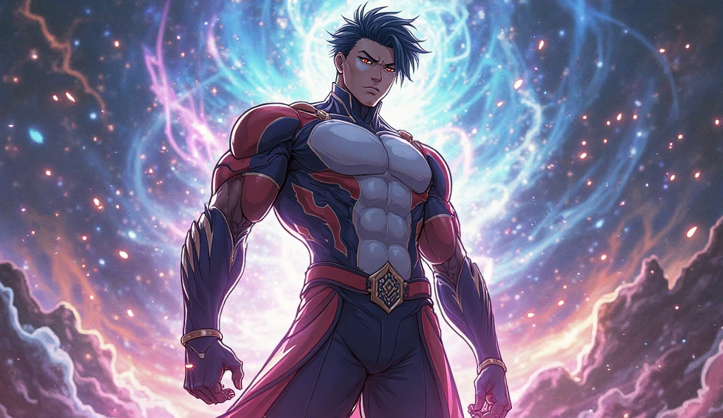 Chris Hemsworth with gorgeous blue eyes, shirtless with no pants on wearing a red cape with a thick large rainbow jockstrap hairy legs, sweating, detailed face with clean lines, with a cosmic space nebula background