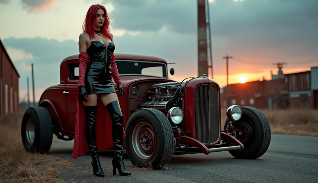 A gothic woman with white skin and red hair riding a cafe racer motorcycle through the city