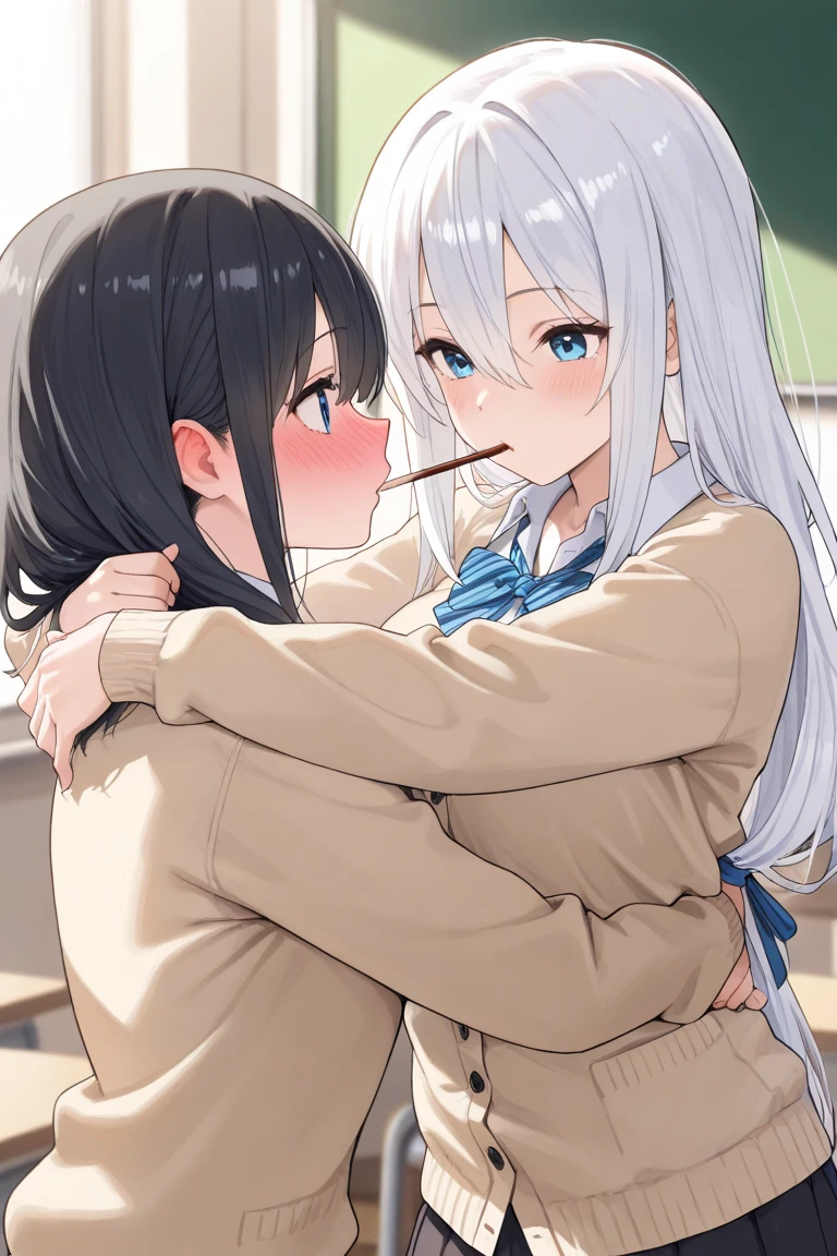 (BEST QUALITY, masterpiece, Super Detail, high resolution),
(A girl with abnormally long white hair)、(A girl with long black hair tied back and hair between her eyes)、(Playing the Pocky game),(girls on the left and right),(In the classroom after school),(Wearing a female student uniform), (Wearing a cardigan),(Two people hugging each other),(Two people add one Pocky stick to each side.),blue eyes、Blushing、