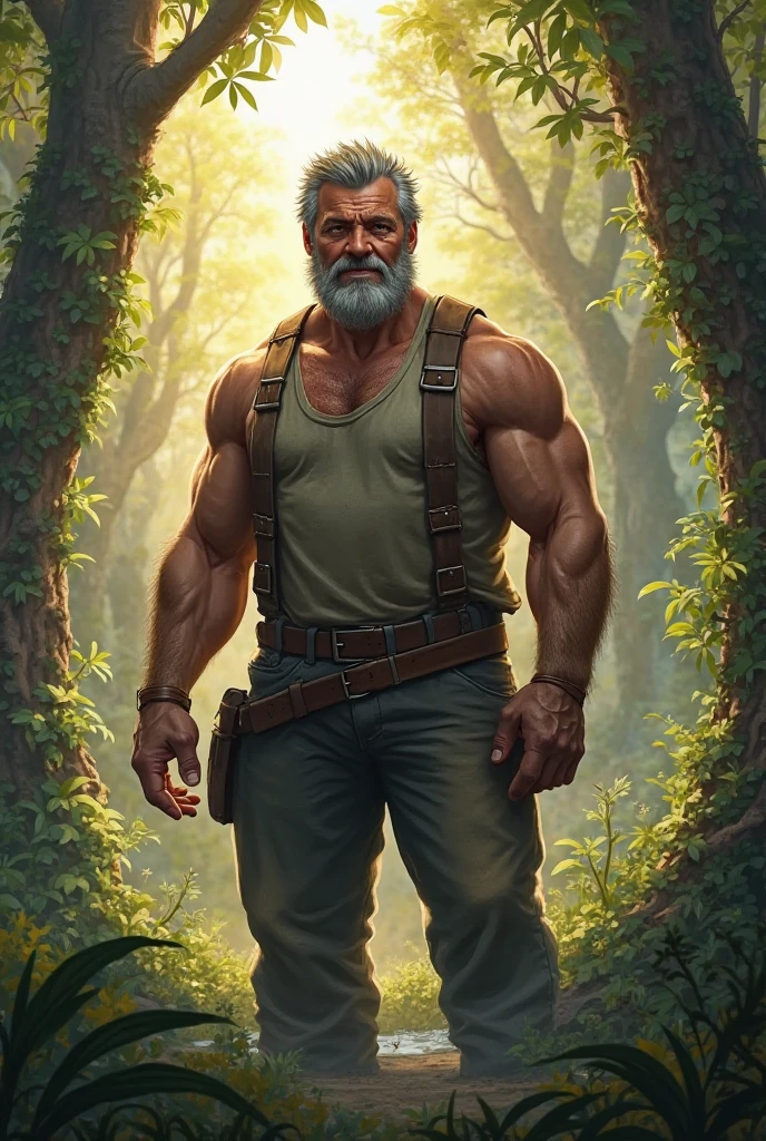 Hyperrealistic image of a Victorian explorer, a superhero sweating profusely with very long grey hair, an 80-year-old man, body-builder, Very muscular, weighing over 200 kilos, with bare chest, large and sagging breasts, large tattoos, brown nipples. A large gray mustache. Dressed in khaki cargo pants and an explorer hat in the middle of a dense rainforest with a waterfall next to it 