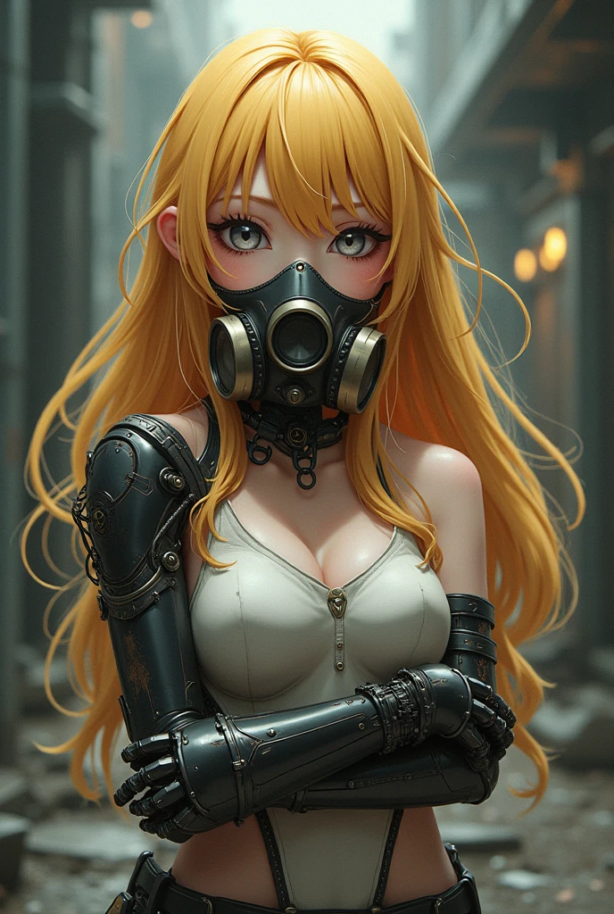 medium shot, cel shading, rim lighting, ultra detailed face, detailed symmetric face, parallel double eyelids, ultra detailed droopy eyes, belly button, sobbing perfect anime girl wearing ivory and silver steampunk style metal bikini with gas mask, light brown ponytail hair with bangs, solid yellow background, art by studio ghibli, vibrant color, high contrast, comics style, cover art, concept art, poster, highly detailed, ultra high quality, masterpiece, 8k