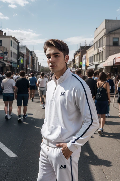 Solo, full body, male, ((teen boy, human, hair, snout)), by spuydjeks, (no breasts), street, (((daytime, white skin color))), slim, skinny, tall waist, blue tracksuit