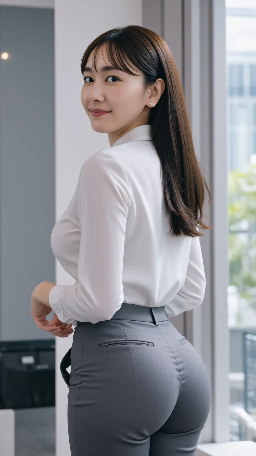 (Best quality, 8k, 32k, Masterpiece, UHD:1.2), 1girl, detailed skin, detailed eyes, narrow waist, grey suit, white shirt, office lady, suit, pants, from front, sitting on desk, office room, desk, (stick out one's buttocks:1.2),