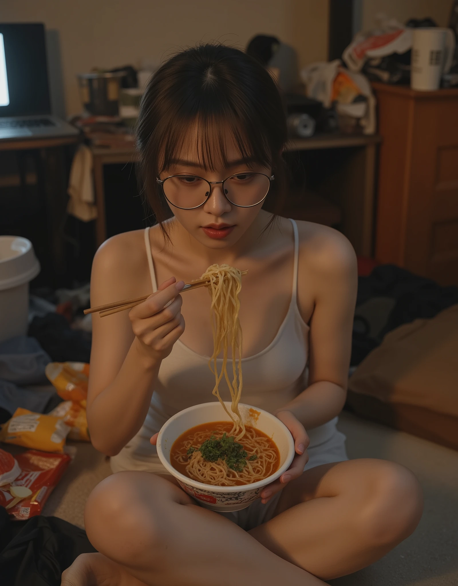 A hyperrealistic, ultra-HD cinematic photograph of a young woman with glasses, wearing a loose, slightly revealing camisole, sitting in a messy, dimly lit room, slurping instant ramen with chopsticks. Her hair is slightly disheveled, her lips slightly parted as she enjoys the noodles. The background is filled with clutter—empty ramen cups, scattered clothes, opened snack bags, and a dimly glowing laptop screen. The atmosphere feels raw and intimate, with soft warm lighting casting a moody, film-like tone. The texture of her skin, individual hair strands, and the steam rising from the ramen are captured in extreme detail. Depth of field is shallow, blurring the background slightly to enhance focus on her face and expression. Inspired by high-end photography, Vogue aesthetics, and cinematic realism.4