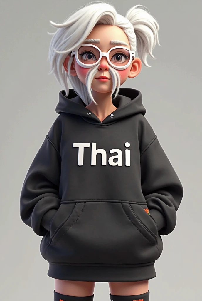 3d cartoon style, best quality, cartoon_portrait,1girl, solo, ASIAN GIRL, looking at viewer, short hair, bangs, black glasses, simple background, white hoodie, black eyes, closed mouth, white shirt, golden chain