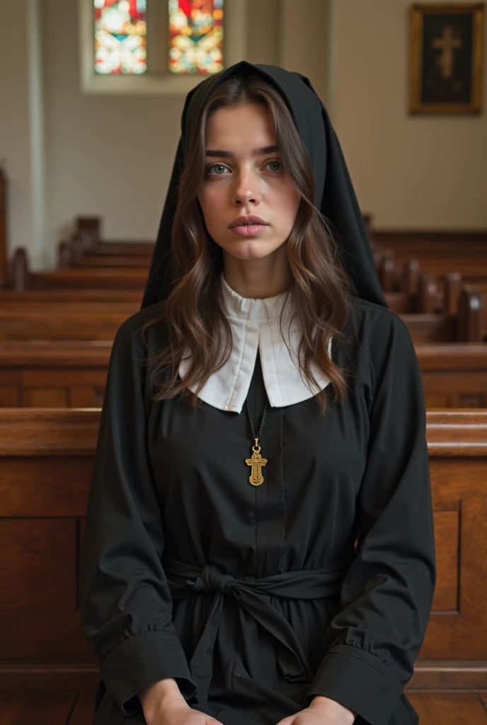 Mujer arafed con camisa blanca y camisa de cuello negro., llevando una cruz en la bata, billie eilish como monja, dressed like a clergyman, religious robes, billie eilish como una monja triste, promotion still, traje de monja, modelo de monja, foto promocional, aurora axnes, vistiendo uniforme de directora, modelo de monja looking up, TV show still