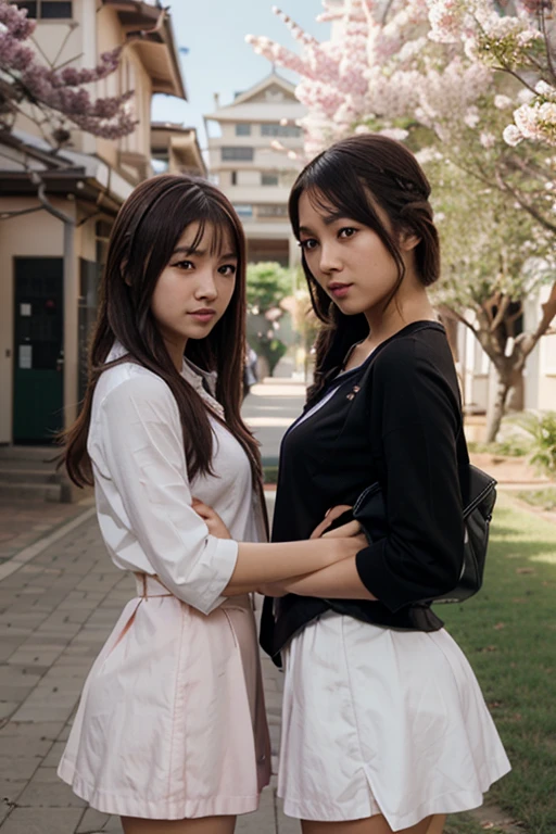 ulzzang-6500-v1.1, (top quality, masterpiece), (raw photo: 1.2), (photorealistic: 1.4), highest quality, master, very tasty and beautiful, highly detailed CG, 8k wallpaper, amazing fine details, master masterpiece, official art, huge file size, high resolution, 2-3 girls, ( snugly next to each other without separation between characters), (there is no break in one piece), teens to twenties, Japan people, Nogizaka girls, (representation of the human body based on precise ???????), intricate details, Japan schoolgirl uniform, (neat white blouse of smooth sheer fabric with ribbon ties), ( Ultra Mini Navy Blue tartan check pleated skirt), (everyone is wearing the same clothes), (tightly dressed), clothes are smooth and contractile, (less exposed upper body), (white panties), (fasten all buttons of blouse)), blonde, (((very large breasts)), (women with very large breasts), (very spread breasts), (cramped clothes), (no bra), (only the area shows through the skin tone)), (dark brown ??????), (small prickles), (big buttocks), (thin thighs), very beautiful eyes, bright ultramarine eyes, (detailed pupils reflecting light), (the iris of the eye is painted with fine radial pattern details), (the expression of the whites of the eyes is slightly dark), (the upper 30% of the eyes are shadowed), double eye lids,( Eyes and mouth half open and sleepless expression),No makeup,snug,No makeup,(nose very low and wide), Natural eyebrows, realistic shading assuming a light source, cute girl and beauty, (whitening skin), baby face, smile, long hair half braid, ((backward pose)), ((looking back from the back),((showing off the buttocks)),(looking straight back and not looking at me)),cuddling, cheeks together, Cross your arms like a lover,Look at your partner, Pick at the of your clothes, Frame in from thighs up, Beautiful garden with flowers, clear sunshine,