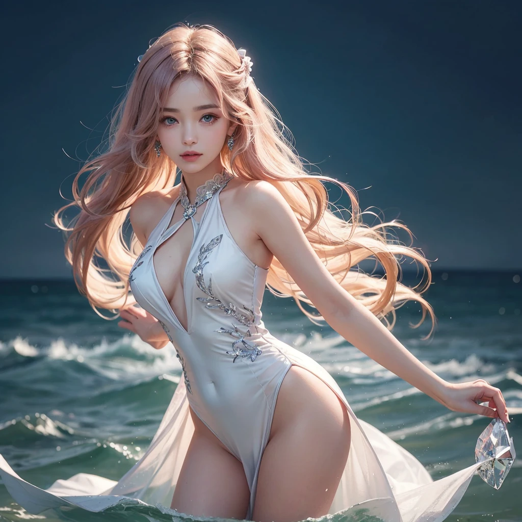 quality,masterpiece,illustration,very fine and beautiful work,highly detailed artwork,CG,Solidarity,8k,stunning artwork,fine detail,best work,best quality,official artwork,highly detailed CGunity8k wallpapers, 1 girl, 独奏,_White hair, liquid hair, Long hair, standing, transparent clothes, pink wedding dress, Mare, Eau, standing, Self-raised, There is a curve on the chest, round big chest, calf shot, blue sky, wave