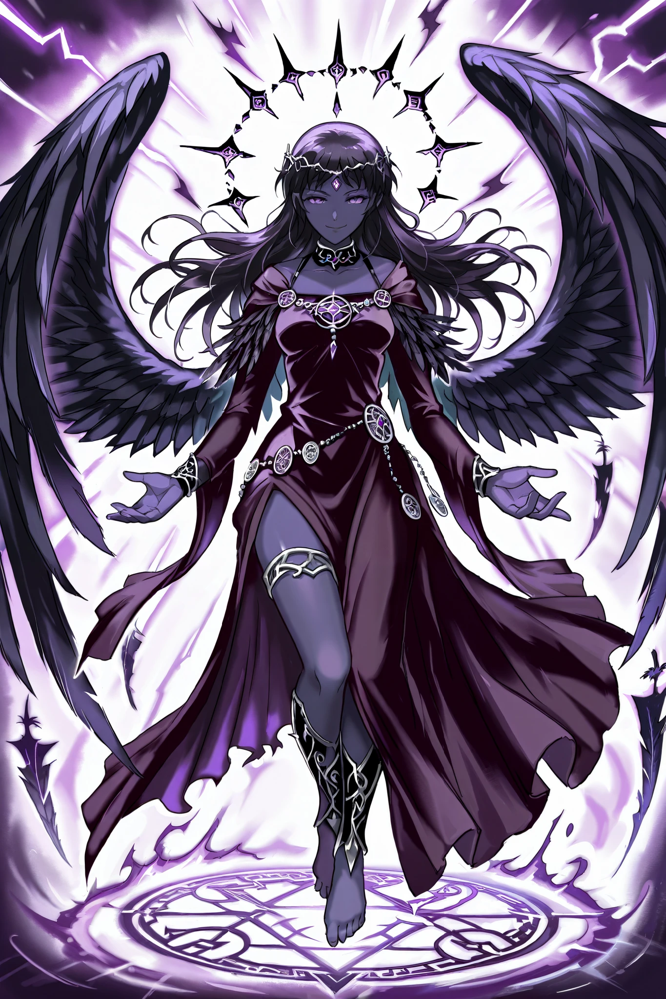 drow, female, pointed ears, dark purple skin, long black hair , purple eyes, (wearing a black dress, raven feather shoulder straps), dress is flowing with gale, wearing an obsidian tiara with points shaped like lightning bolts, beautiful body, both hands open, summoning thunder and tornadoes, (evil smile, seductive), levitating within a hurricane, rainstorm, gale force winds, dark goddess, dungeons and dragons, religious art, fantasy art, npcp, (XUER Silk Road glowing dress), byzantine