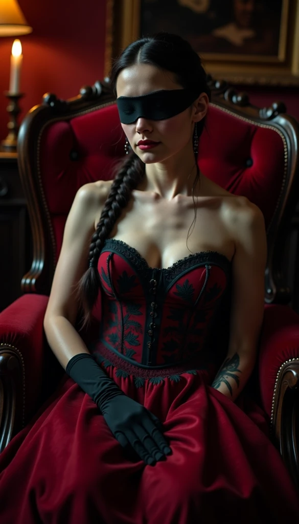 Gentle and beautiful girl, Full body image, Zart und sexy , charmantes ovales Gesicht, Blindfold tragend , rosarote Lippen, kleine Nase, red shiny hair , zusammen Gestecktes haar , Dutt,lotussitz,sitzend