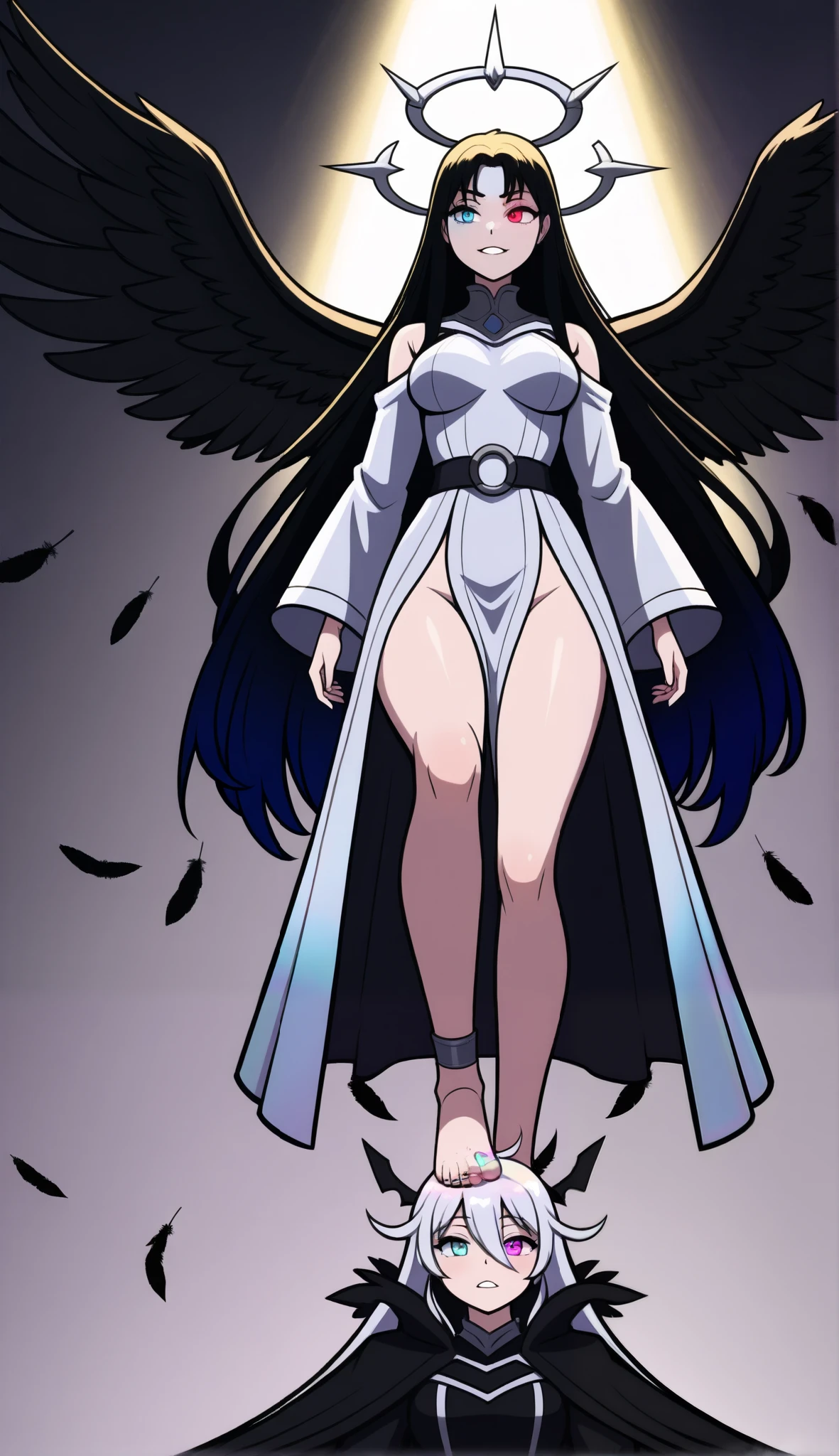  image of a woman dressed in a white dress with angel wings, , , villainess has black angel wings, beautiful woman, full - body majestic angel, angel knight gothic girl, ”beautiful woman