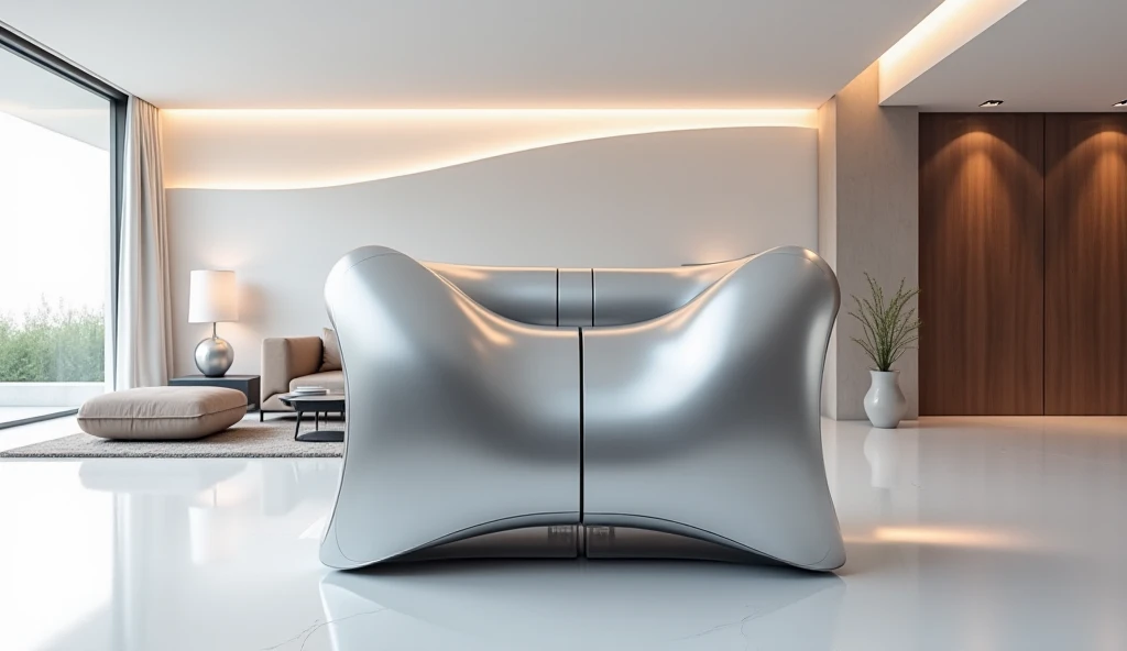 A futuristic modular sofa system appears to float in a stark white room. Its sleek, curved modules are upholstered in a high-tech, color-shifting fabric that seamlessly transitions from cool silver to warm rose gold as the viewer's perspective changes. The juxtaposition of the smooth, almost liquid-like exterior with the visibly soft, cloud-like seat cushions creates an intriguing visual tension.