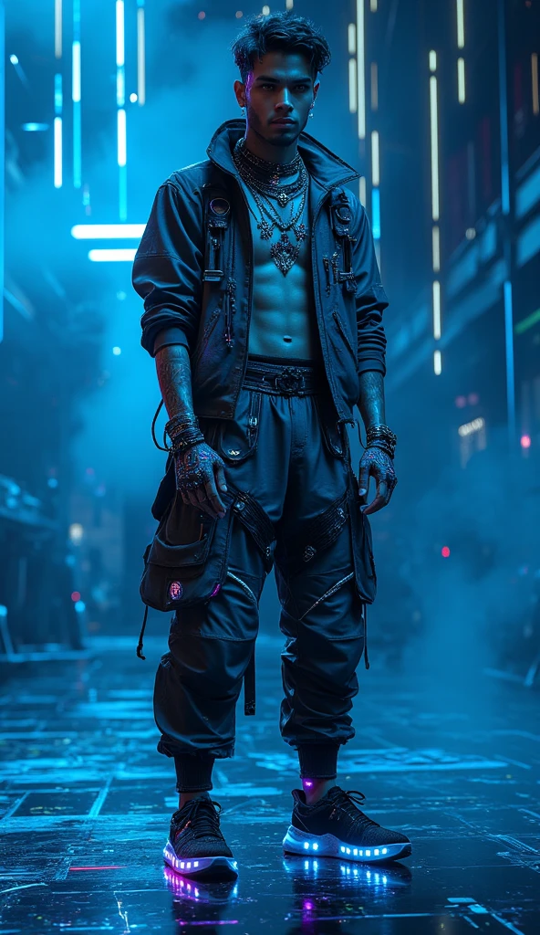 Title: Cyberpunk Dystopia: Depiction of a Drug Addict in a Futuristic Slum
Description: Generate an image portraying a drug addict amidst the cyberpunk dystopia of a gritty urban slum. The scene should reflect the desolation and decay of the environment, with dilapidated buildings towering overhead and neon signs flickering in the smog-filled air. The drug addict should be depicted in a state of vulnerability, consumed by their addiction and surrounded by the paraphernalia of substance abuse. The cyberpunk atmosphere should permeate the scene, with elements of advanced technology juxtaposed against the urban decay. The overall imagery should evoke a sense of despair and hopelessness, highlighting the dark underbelly of a futuristic society plagued by addiction and societal neglect.