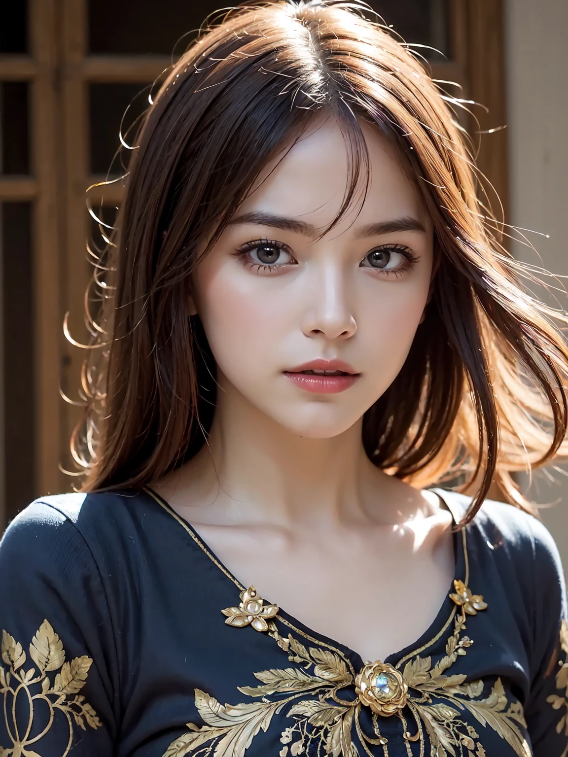 +One (((Girls))), highest quality, golden atmosphere, minority clothing, yellow, no bangs, reddish-brown eyes, flower clothing, 4k image quality, three-dimensional facial features, golden atmosphere, dynamic wide angle, many elements, sparkling, mouth corner slightly warped, peerless beauty, breeze blowing, hair fluttering, exquisite accessories, sun shining, neat hair, clean scene, gorgeous clothes