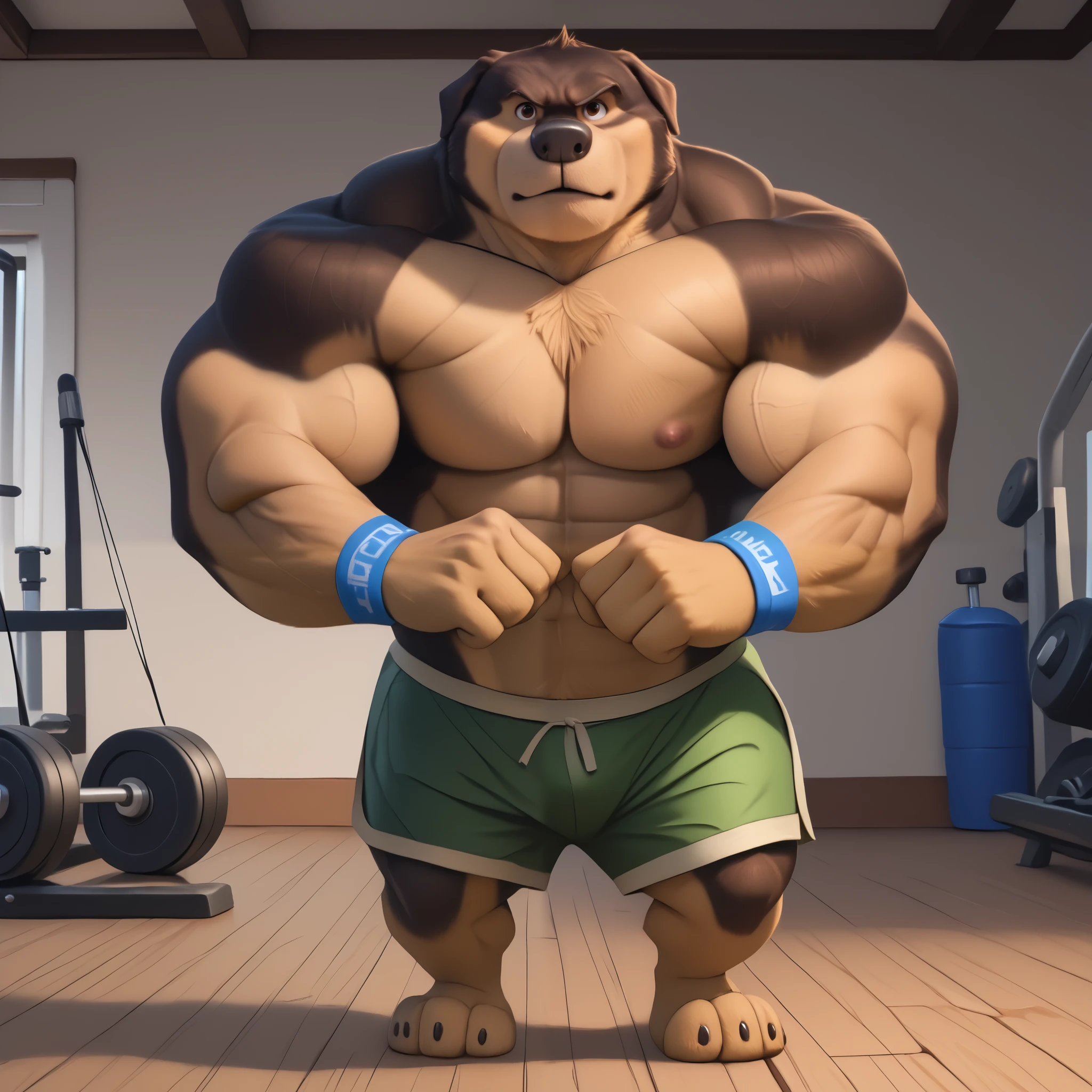 score_9, score_8_up, score_7_up, cartoon_style, ((by BodiPhant0m)), byBodiRDz, 4k, 8k, The best quality, very well drawn, detailed, high quality, detailed, 4k, high resolution, high quality, high resolution, Khampa, detailed, high quality, detailed, 4k, high resolution, high quality, high resolution, furry character, canine, 2d, solo, gym background, rockdog, khampa, style rock dog, movie style, style[rockdog], rockdog, male, Tibetan mastiff, mastiff, dog boy, dog, khampa, Tibetan Mastiff with brown-and-tan fur with tan fur on his muzzle, hands, feet, black nose, brown eyes, middle aged, thick muscular, full body, Height: 6'10", Weight: 358lbs, shirtless, wearing a green gym shorts, wristbands, working out, cable crossover machine, rowing workout 
