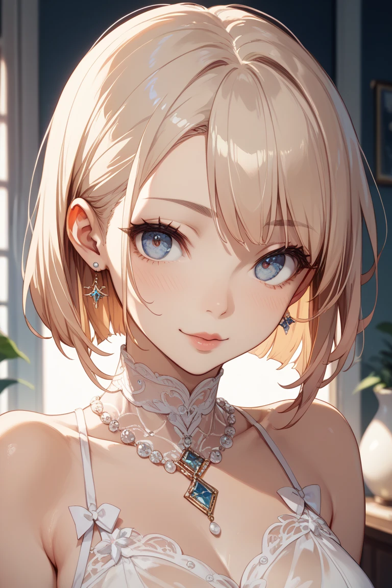 (masterpiece: 1.2, Highest quality), (Realistic, Intricate details, Depth of subject), Highest quality, masterpiece, Very detailed, 1 girl, Mature Woman, Blonde Short Hair, (Very delicate and beautiful face), (Beautiful eyes in every detail), blue eyes, King's Clothes, Slim figure, A crown made of precious gold,