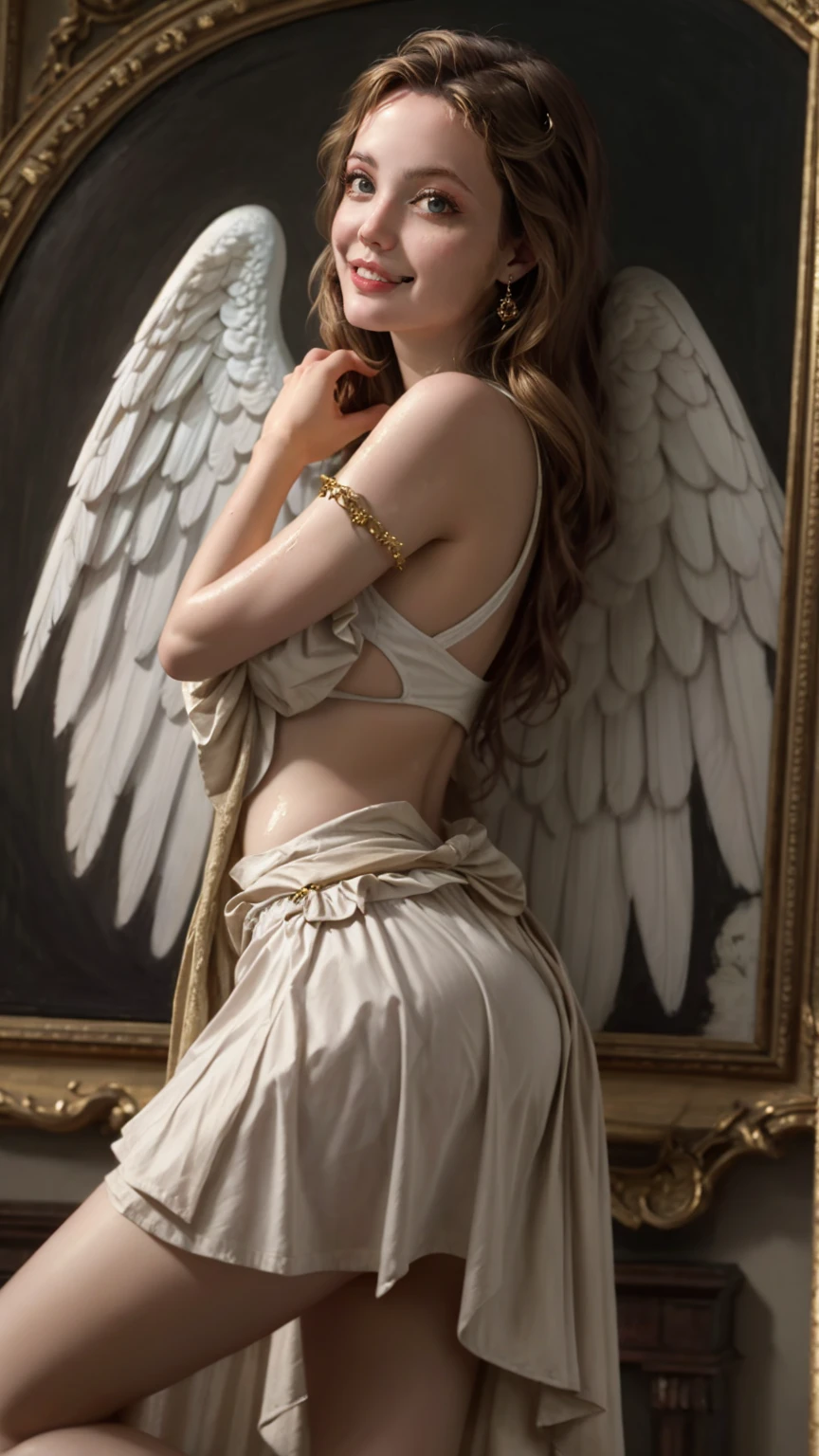 ((best quality)), ((masterpiece)), (detailed), woman from behind with angel wings that start from her shoulder blades, posing reclining in a dramatic situation, harmonious body, semi-naked with silk fabrics over their bodies, in a Renaissance atmosphere, golden composition, American plane, with vibrant colors, baroque and Roberto Ferri's painting style.