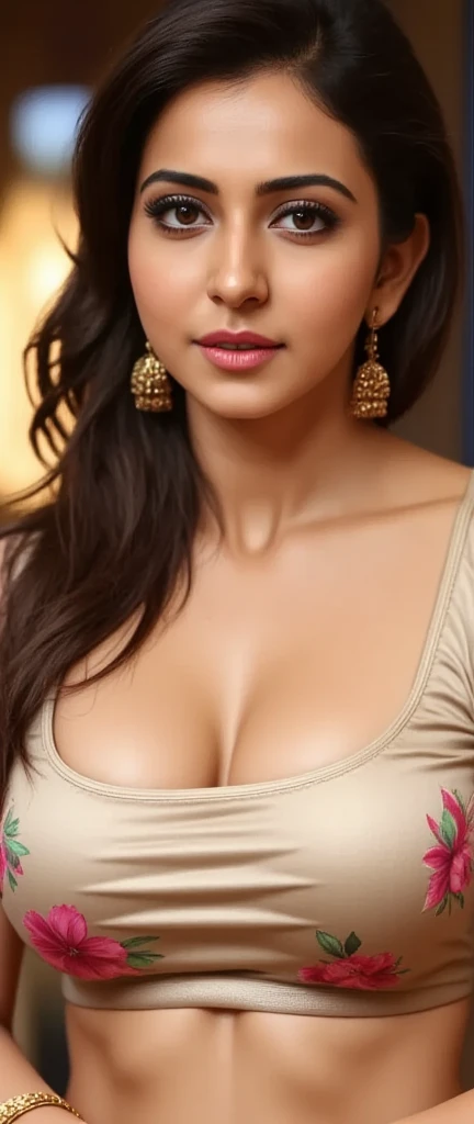 waist high body, big, tall , night bokeh effect background, bodycon, Perfect pink eyes, Great face, Indian, Beautiful appearance, ((Red lips, Bright Eyes, Curve Heir 1.5)), ((Beautiful detailed body)), Amazing gorgeous, amazing beautiful face, Pretty face, Bright Eyes, allured chest, small waist, dynamic kneeling pose, from below, orange Elegant printed shirt with attention to detail, Updo Elegant Hair, Blurred gray tone background, super concentrated, Illuminate, Facial details, 8k resolution, I drew, Dry brush, Brush strokes, big breast nipples nice clevage seductive poses red lips