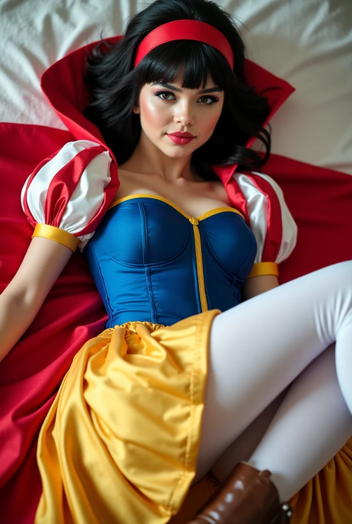 Beautiful Selena Gomez, snow white cosplay, blue corset, yellow pleated skirt, red and white slashed shoulder sleeves, black bob hair, red headband, red cape, silk, satin, photorealistic, masterpiece, best quality, beautifully detailed face, detailed skin, white leggings, sexy, squatting cowgirl position, panties, pubic line, aroused, on bed, sexual, penetration, seductive