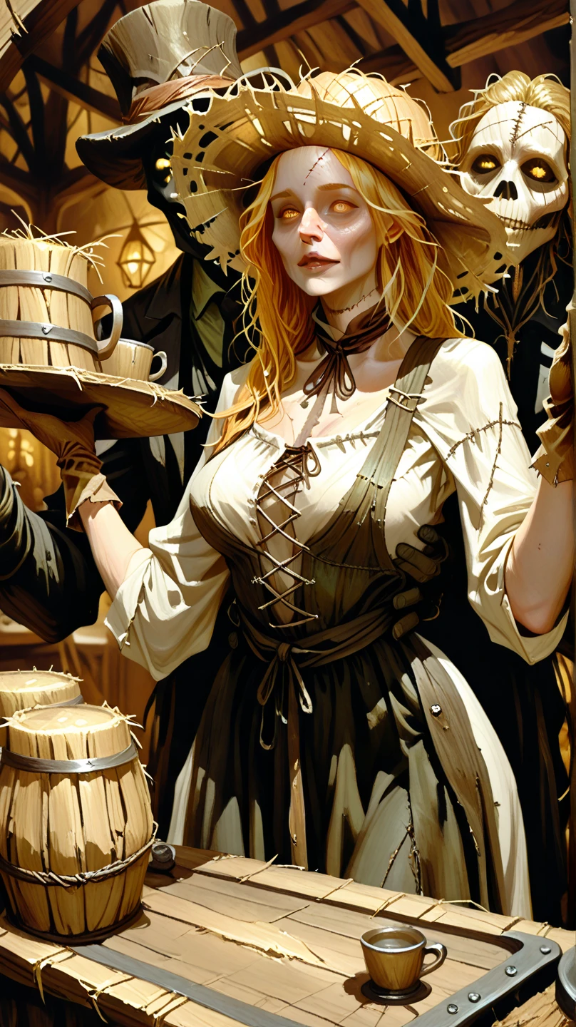  Scarecrow woman, yellow hair, Busty hay neckline top, Straw Face, with yellow eyes, long cloth gloves, farmer's clothing, stitched clothing, straw hat, holding a tray with cups, medieval wooden inn, The bar, dark interior, Being held, assaulted by a human man in a suit; Face covered with a top hat, seen from below