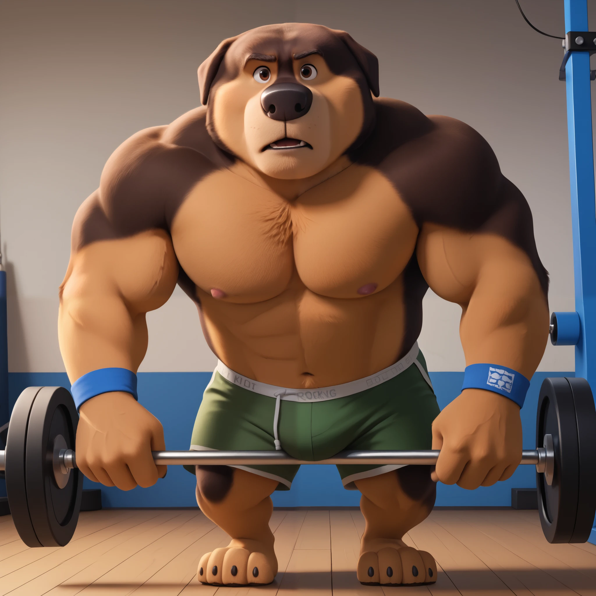 score_9, score_8_up, score_7_up, cartoon_style, ((by BodiPhant0m)), byBodiRDz, 4k, 8k, The best quality, very well drawn, detailed, high quality, detailed, 4k, high resolution, high quality, high resolution, Khampa, detailed, high quality, detailed, 4k, high resolution, high quality, high resolution, furry character, canine, 2d, solo, gym background, rockdog, khampa, style rock dog, movie style, style[rockdog], rockdog, male, Tibetan mastiff, mastiff, dog boy, dog, khampa, Tibetan Mastiff with brown-and-tan fur with tan fur on his muzzle, hands, feet, black nose, brown eyes, middle aged, thick muscular, full body, Height: 6'10", Weight: 358lbs, shirtless, wearing a green gym shorts, wristbands, working out, cable crossover machine, chest workout, cable flyes 