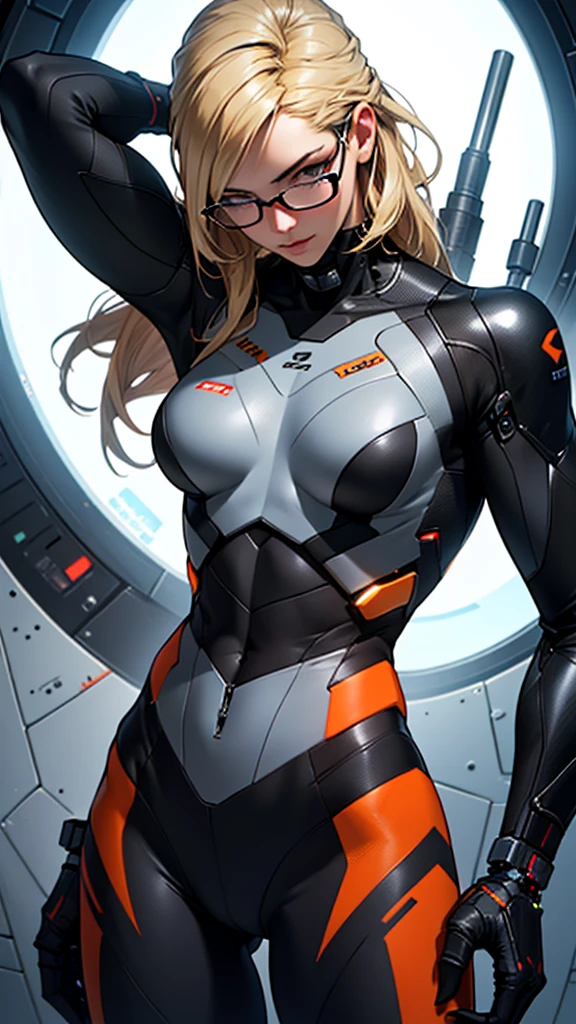 sandy hair muscular large breasts slender thighs slender waist pilot suit solo looking at viewer in space long hair blushing determination