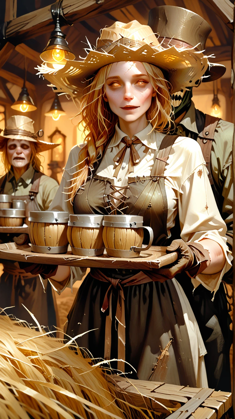  scarecrow woman hay straw, Yellow hair hay straw, Busty hay neckline top, Straw and hay face, with yellow eyes, long cloth gloves, farmer's clothing, stitched clothing, straw hat, holding a tray with cups, medieval wooden inn, The bar, dark interior, Being held, assaulted by a human man in a suit; Face covered with a top hat, seen from below