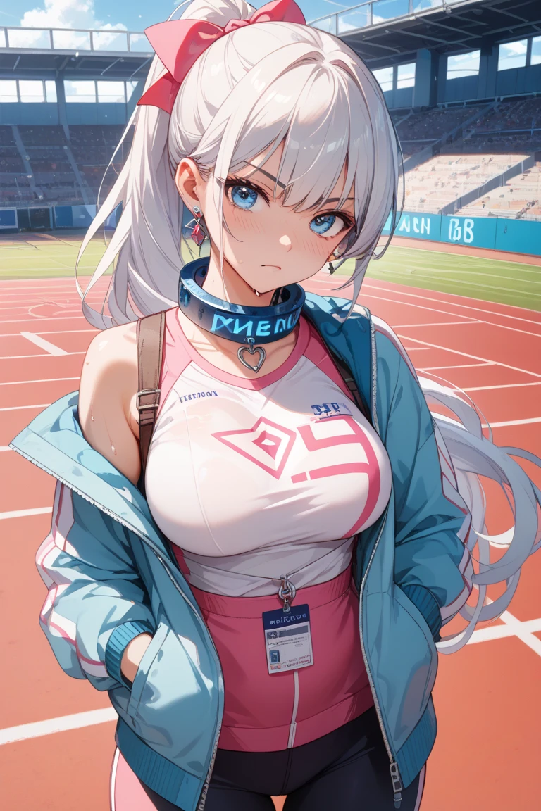 (((masterpiece))), ShizukaMikazuki, One Girl, alone, View your audience, Long Hair, Gray Hair, Long sleeve, Cleavage, Huge breasts,clavicle, Mature Body,Glamorous Body,Six-pack,Make your face a little smaller,Make your breasts bigger,tall,Blushing,Pie Ponytail,Blouson, Open clothes, open Blouson, blue Blouson,nude,Black sports bra,Black hot pants, Play sports often, Choker with charm,Earrings,Belly piercing,Smiling with embarrassment,blue eyes,Sunset,nature,cycling,Photographed from the front,Sweat all over,