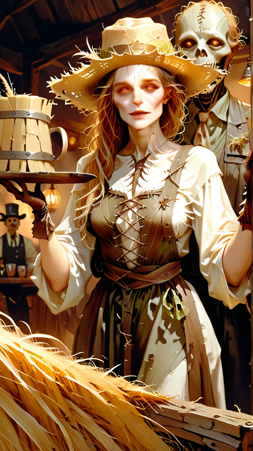  Scarecrow nonhuman woman made of hay straw, Yellow hair hay straw, Busty hay neckline top, Straw and hay face, with yellow eyes, long cloth gloves, farmer's clothing, stitched clothing, straw hat, holding a tray with cups, medieval wooden inn, The bar, dark interior, Being held, assaulted by a human man in a suit; Face covered with a top hat, seen from below
