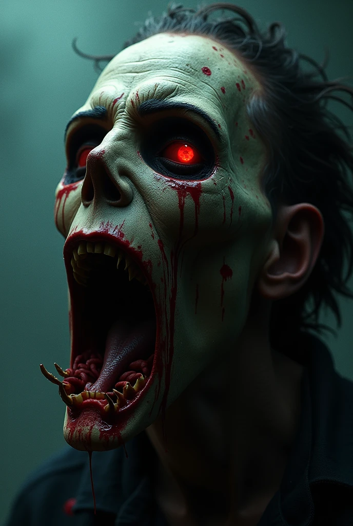 maniacal laugh, mouth wide open, eyes with red light, dark, zombie gray skin, black jersey