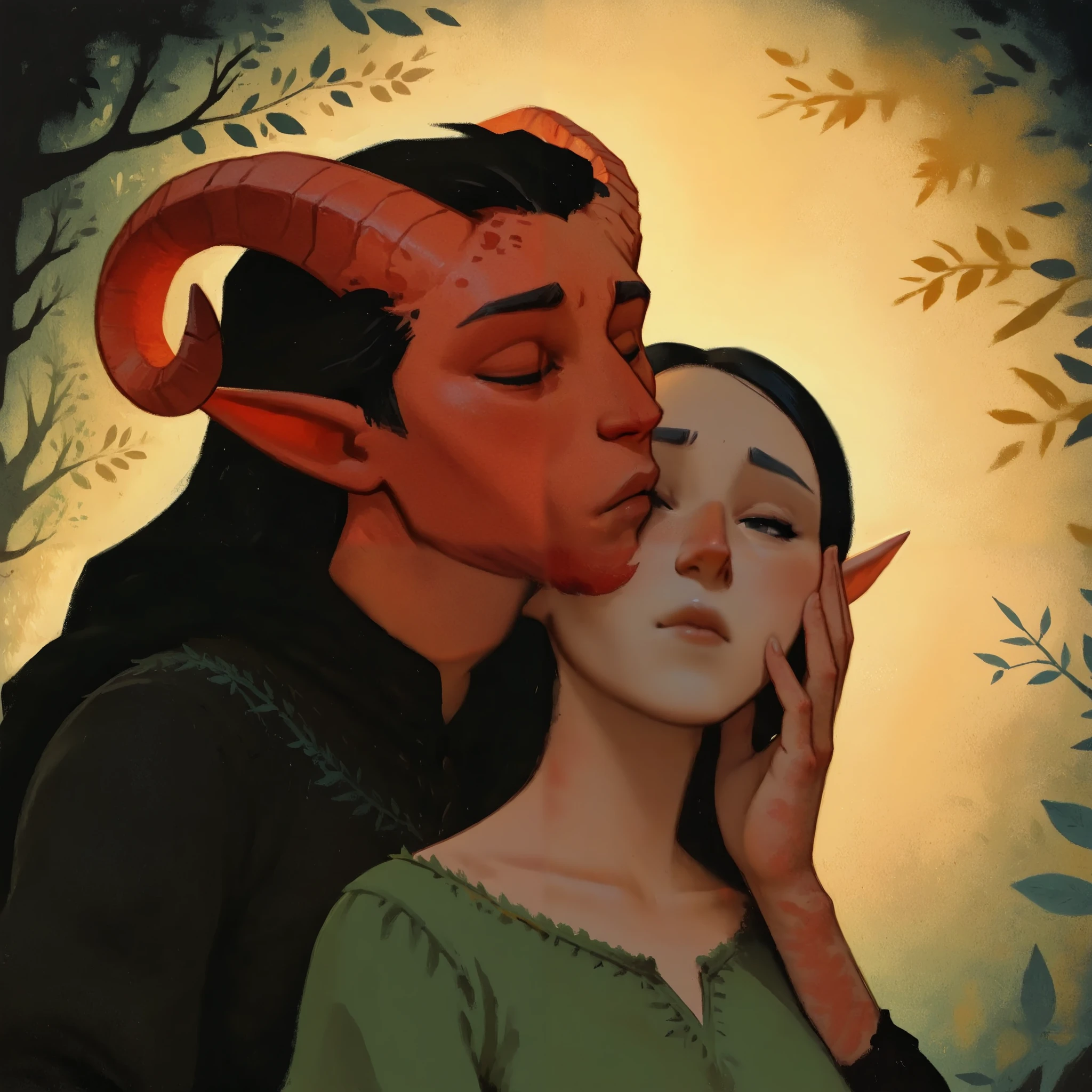 drki, close portrait, 1boy male tiefling kissing 1girl gorgeous elf, full body portrait, wide angle, romance in a dark forest, couple scene, ethereal, soft expression, mystical fantasy aesthetic, painterly illustration, gouache painting, soft lighting illustration, 2d art, delicate background, masterpiece, best quality