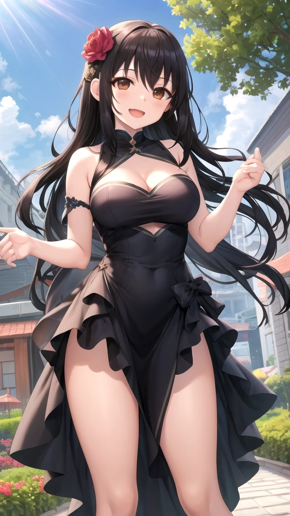 highest quality, masterpiece, from below, Girl with long black hair, White sleeveless short dress with black lace on the chest, looking at the viewer, panties, garden, enchanting smile, open your mouth,