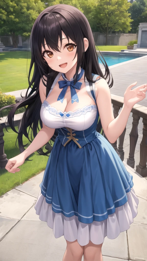 (masterpiece, highest quality, super detailed), (figure), (detailed and beautiful eyes), (1 girl), (alone), matsuura kanan, blue hair, purple eyes, high ponytail, rest indoors, underwear, panties, garter, stockings, looking at the viewer, cowboy shot, smile, better hand, perfect hands, five fingers
