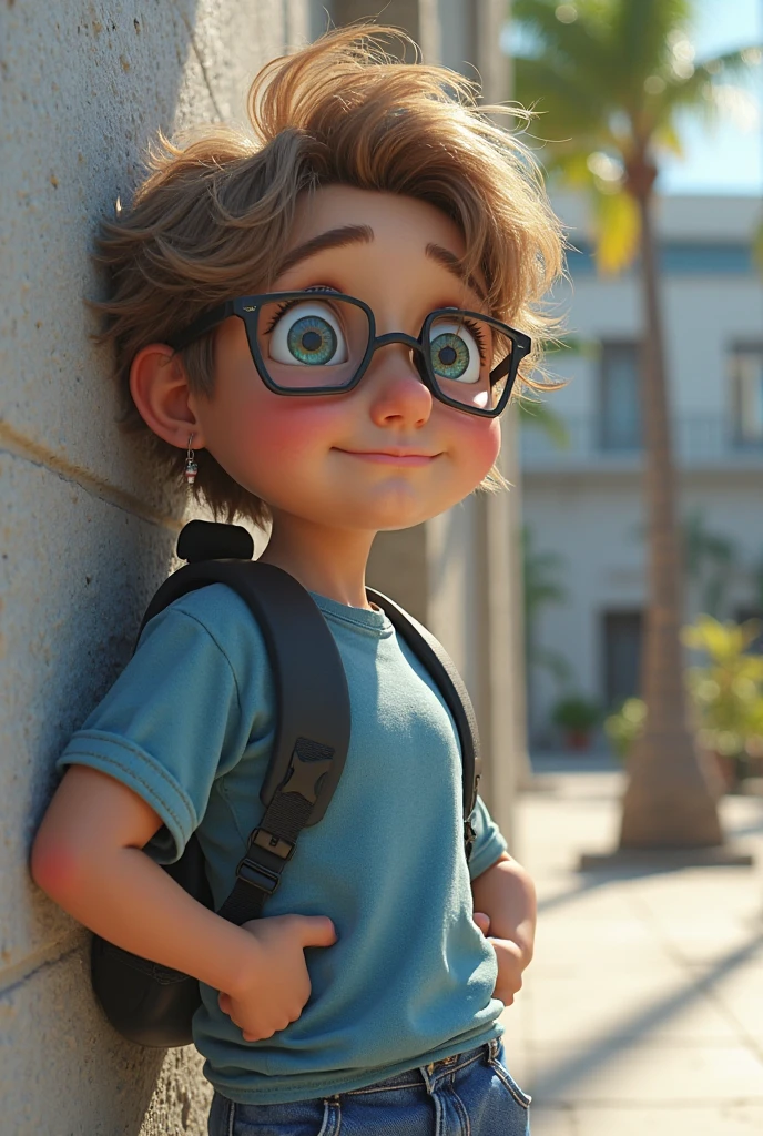 Capture the charm of a 3-year-old boy wearing glasses, pele morena clara, his face glowing with a thrilling smile as he looks directly into the camera. His youthful face and skin are impeccably detailed, showing all the nuances and innocent expressions.The background features a theme park or amusement park, mas intencionalmente borrado para criar um forte efeito bokeh, with a cloudy day providing soft and soft lighting. This moderate lighting should shed a heat, brilho difuso sobre o rosto do menino, accentuating his adorable features.The image should be crafted with extreme attention to detail, reminiscente do amado estilo Disney Pixar. This style is known for its realistic and charming character design and attention to facial expressions and details.The boy's clothing and appearance should be in accordance with the style, emphasizing Pixar's unique charm. The setting should include elements of a theme park, as colorful attractions and a playful atmosphere, embora estes devam ser sutil e artisticamente borrados para manter o foco no menino.The resulting image should encapsulate the thrilling and emotive qualities characteristic of Disney Pixar's storytelling, criando um momento cativante que ressoa com os espectadores.