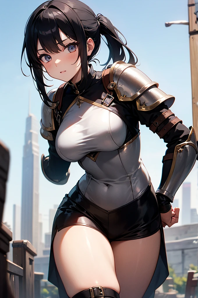 1girl,,big breasts,standing in ruined city,(8k),scratches,detailed face,black hair,brown eyes,very long hair,embarassed,small smile face,ponytail,hair, high_res, high_definition,the battlefield,battle pose,corset,cape,gloves, (Emma Frost Custome:1.1),
